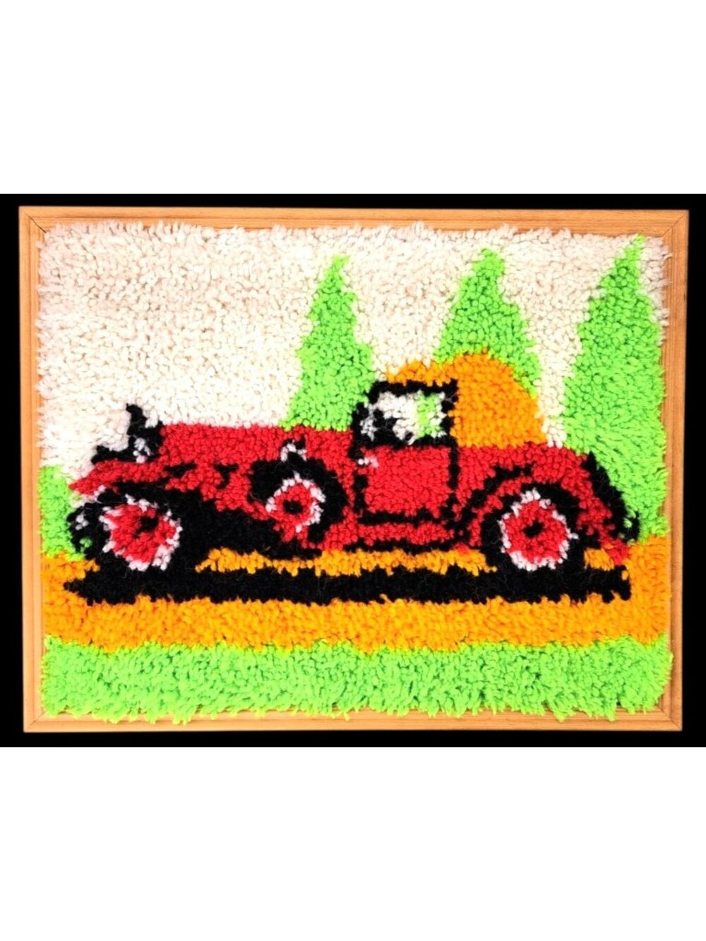 Vintage Framed Latch Hook Rug Wall Art Hanging With Red Antique Car 15" x 19"